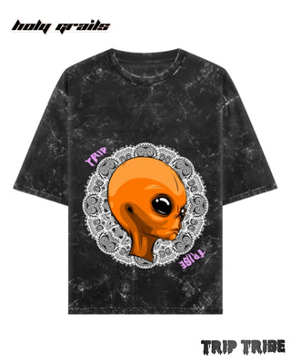 Street Style 'Mandala Alien' Black 240 GSM 100% Cotton Acid Wash Oversize Tee HG x Trip Tribe - Front