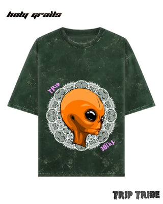 Street Style 'Mandala Alien' Bottle Green 240 GSM 100% Cotton Acid Wash Oversize Tee HG x Trip Tribe - Front