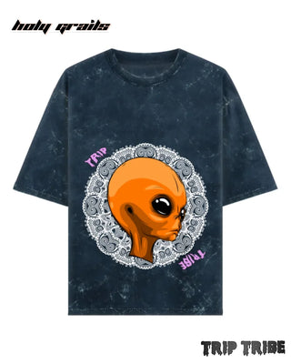 Street Style 'Mandala Alien' Navy Blue 240 GSM 100% Cotton Acid Wash Oversize Tee HG x Trip Tribe - Front
