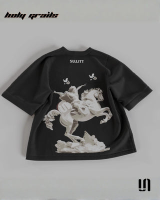 Street Style 'Mighty Horse' Black 240 GSM 100% French Terry Cotton Puff Printed Oversized Tee HG x Sullitt - Back Full