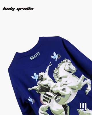 Street Style 'Mighty Horse' Blue 240 GSM 100% French Terry Cotton Puff Print Oversized Tee HG x Sullitt - Back Close