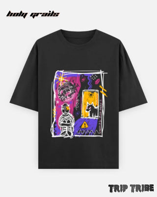 Street Style 'Modern Abstract Design' Black Unisex 240 GSM 100% Cotton Graphic Printed Half Sleeve Oversize Tee HG x Trip Tribe - Front