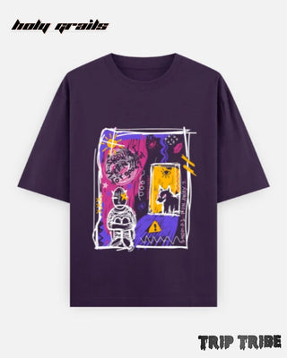 Street Style 'Modern Abstract Design' Purple Unisex 240 GSM 100% Cotton Graphic Printed Half Sleeve Oversize Tee HG x Trip Tribe - Front