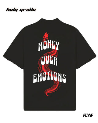 Street Style 'Money Over Emotions' Black 240 GSM 100% Cotton Puff Printed Oversize Tee HG x FLYAF - Back