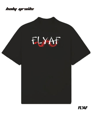 Street Style 'Money Over Emotions' Black 240 GSM 100% Cotton Puff Printed Oversize Tee HG x FLYAF - Front