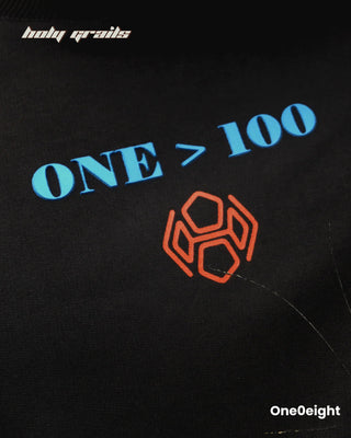 Street Style 'One > 100' Black 220 GSM Bio-wash Cotton Acid wash, Screen, Puff & Heavy Density Printed Oversize Tee HG x One0eight - Front Print Close Up