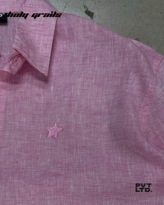 Street Style 'Pink Solid' 30% Linen 70% Cotton Full Sleeve Solid Shirt HG x Pvt Ltd - Front Embroidery Close Up