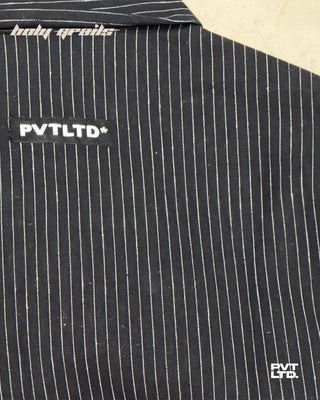 Street Style 'Pinstripe' Black White Stripe Linen Cotton Blend Full Sleeve Shirt HG x Pvt Ltd - Back Brand Tag Close