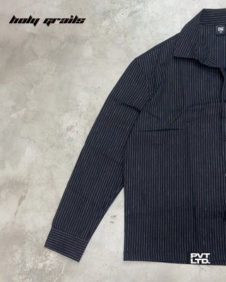 Street Style 'Pinstripe' Black White Stripe Linen Cotton Blend Full Sleeve Shirt HG x Pvt Ltd - Front Side 1 Close
