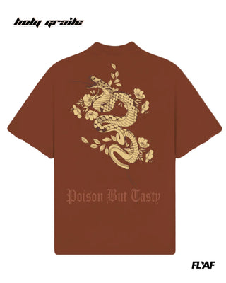 Street Style 'Poison But Tasty' Brown 240 GSM 100% Cotton Puff Printed Oversize Tee HG x FLYAF - Back