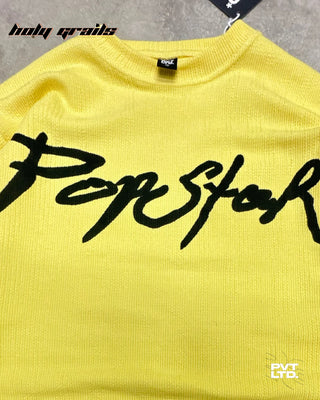 Street Style 'Popstar' Yellow Unisex 250 GSM Flat knit Graphic Oversize Sweatshirt HG x Pvt Ltd - Front Close Up