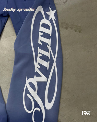 Street Style 'Pvt Blue' Spray 350 GSM Heavyweight Fabric Track Pants HG x Pvt Ltd - Back Leg Print Close Up