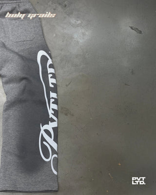 Street Style 'Pvt Grey' Spray 350 GSM Heavyweight Fabric Graphic Track Pants HG x Pvt Ltd - Back Leg 1