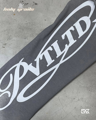 Street Style 'Pvt Grey' Spray 350 GSM Heavyweight Fabric Graphic Track Pants HG x Pvt Ltd - Leg Print Close Up