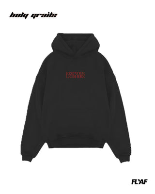 Street Style 'Rest Your Legs' Black 240 GSM 100% Cotton Puff Printed Oversize Hoodie HG x FLYAF - Front