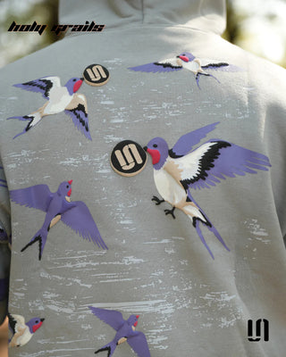 Street Style 'Rise Above Greywings' Grey 400 GSM Cotton Fleece Puff Printed Oversize Hoodie HG x Sullitt - Back Close Up