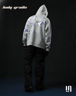 Street Style 'Rise Above Greywings' Grey 400 GSM Cotton Fleece Puff Printed Oversize Hoodie HG x Sullitt - Back Side
