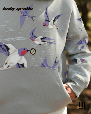 Street Style 'Rise Above Greywings' Grey 400 GSM Cotton Fleece Puff Printed Oversize Hoodie HG x Sullitt - Front Close Up