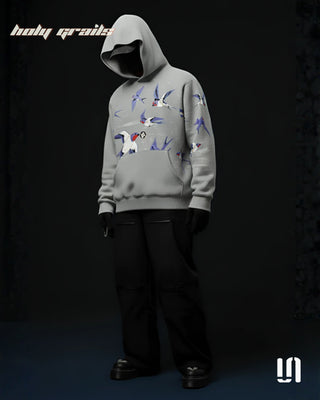 Street Style 'Rise Above Greywings' Grey 400 GSM Cotton Fleece Puff Printed Oversize Hoodie HG x Sullitt - Front Side