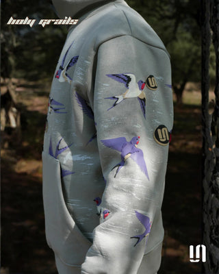 Street Style 'Rise Above Greywings' Grey 400 GSM Cotton Fleece Puff Printed Oversize Hoodie HG x Sullitt - Side Close Up