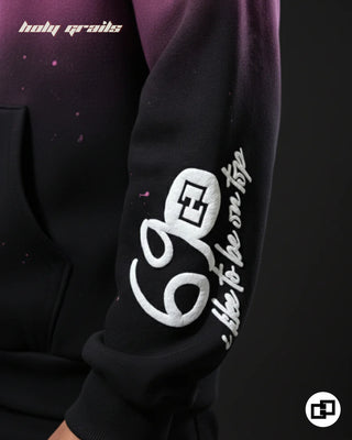 Guy in Street Style 'See You At Top' Pink To Black Ombre 400 GSM 100% Cotton Screen & Puff Printed Hand Spray Painted Oversize Hoodie  HG x Grey Hound Original - Sleeve Print Close Up