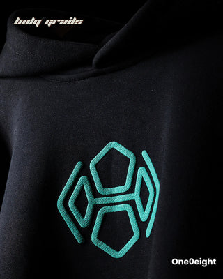 Street Style 'Shivraudr' Black 360 GSM 100% Cotton Biowash Screen & Puff Print Oversize Hoodie HG x One0eight - Front Close Up