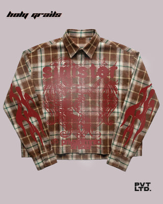 Street Style 'Sinister' Brown Checkered 100% Cotton Oxford Full Sleeve Graphic Printed Limited Shirt HG x Pvt Ltd - Front