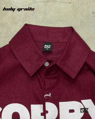 Street Style 'Sorry Honey' Maroon Red Cotton Linen Printed Boxy Fit Full Sleeve Shirt HG x Pvt Ltd - Front Branding Close Up