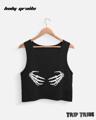 Street Style 'Spooky Chic Skeleton Hands' Black 180 GSM 100% Premium Cotton Sleeveless Graphic Crop Tank Top HG x Trip Tribe - Front