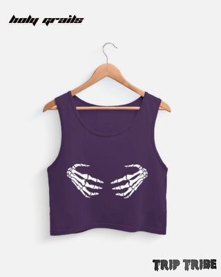 Street Style 'Spooky Chic Skeleton Hands' Purple 180 GSM 100% Premium Cotton Sleeveless Graphic Crop Tank Top HG x Trip Tribe - Front