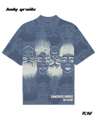 Street Style 'Static Jungle' Blue 240 GSM 100% Cotton Puff Printed Oversize Tee HG x FLYAF - Front