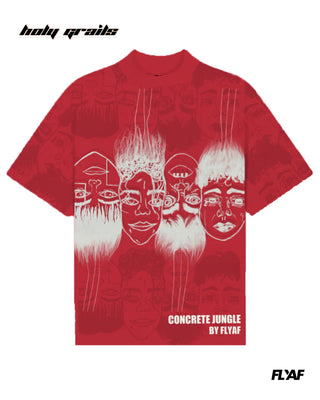 Street Style 'Static Jungle' Red 240 GSM 100% Cotton Puff Printed Oversize Tee HG x FLYAF - Front