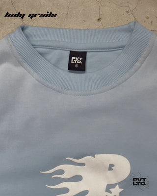 Street Style 'Sub Zero' Blue 260 GSM Premium Cotton Oversize Graphic T-Shirt HG x Pvt Ltd - Front Collar Close Up