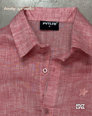 Street Style 'Tart Peach' Pink 30% Linen 70% Cotton Full Sleeve Solid Linen Shirt HG x Pvt Ltd - Front Collar Close Up