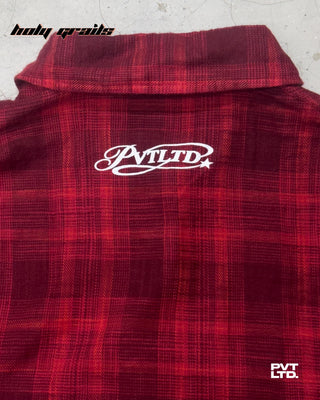 Street Style 'The Butterfly' Red Placid Fabric Flannel Oversize Graphic Full Sleeve Shirt HG x Pvt Ltd - Back Print Close Up