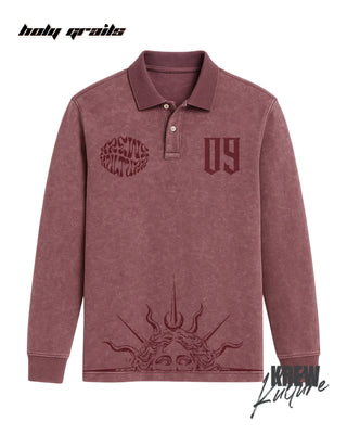 Street Style 'The Eternal Gratitude' Brown 280 GSM French Terry Cotton Printed Full Sleeve Polo T-Shirt HG x Krewe Kulturr - Front