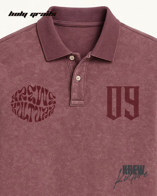 Street Style 'The Eternal Gratitude' Brown 280 GSM French Terry Cotton Printed Full Sleeve Polo T-Shirt HG x Krewe Kulturr - Front Close Up