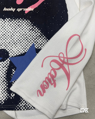 Street Style 'The Rekha' White 300 GSM Knit Fabric Printed Oversize Sweatshirt HG x Pvt Ltd - Left Sleeve Print Close Up