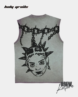 Street Style 'The Tangled Truth' Grey 220 GSM French Terry Cotton Oversize Tank Top Vest - Back