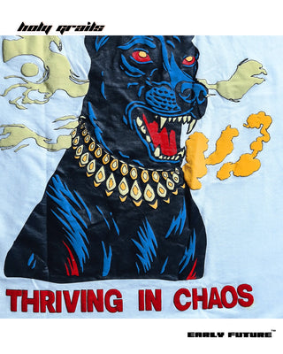 Street Style 'Thriving in Chaos' Ghost White 240 GSM 100% Terry Cotton Puff Printed Oversize T-Shirt - Back Print Close Up