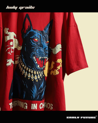 Street Style 'Thriving in Chaos' Inferno Red 240 GSM 100% Terry Cotton Puff Printed Oversize T-Shirt HG x Early Future - Back Close