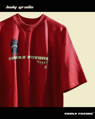 Street Style 'Thriving in Chaos' Inferno Red 240 GSM 100% Terry Cotton Puff Printed Oversize T-Shirt HG x Early Future - Front Close