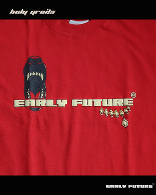 Street Style 'Thriving in Chaos' Inferno Red 240 GSM 100% Terry Cotton Puff Printed Oversize T-Shirt HG x Early Future - Front Print Close Up