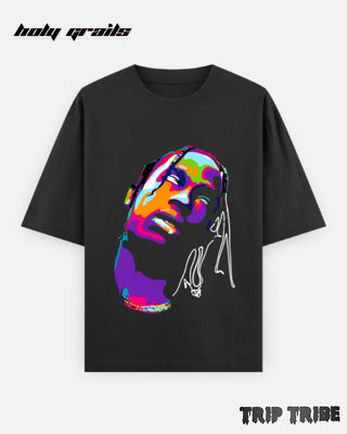 Street Style 'Travis Scott Abstract Pop Art' Black 240 GSM 100% Cotton Unisex Graphic Printed Half Sleeve Oversize Tee HG x Trip Tribe - Front