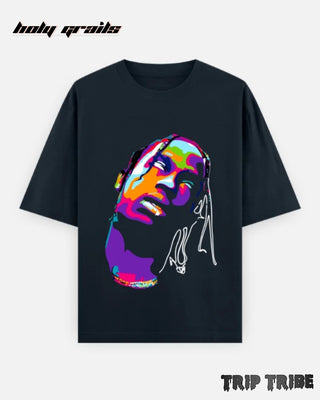 Street Style 'Travis Scott Abstract Pop Art' Navy Blue 240 GSM 100% Cotton Unisex Graphic Printed Half Sleeve Oversize Tee HG x Trip Tribe - Front