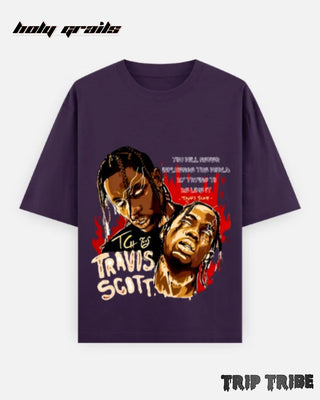Street Style 'Travis Scott Fan Edition' Purple Unisex 240 GSM 100% Cotton Half Sleeve Graphic Printed Oversize T-Shirt HG x Trip Tribe- Front
