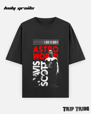 Street Style 'Travis Scott Inspired' Black Unisex 240 GSM 100% Cotton Half Sleeve Graphic Oversize Tee HG x Trip Tribe - Front