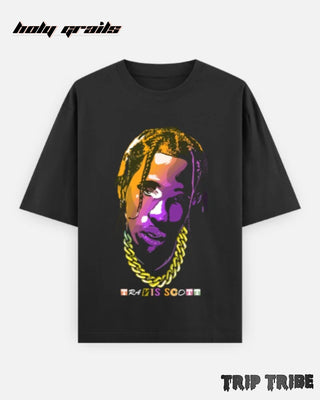Street Style 'Travis Scott Portrait' Black Unisex 240 GSM 100% Cotton Half Sleeve Graphic Oversize Tee HG x Trip Tribe - Front