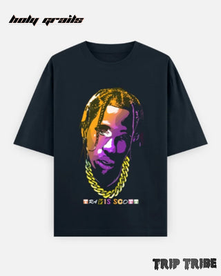 Street Style 'Travis Scott Portrait' Navy Blue Unisex 240 GSM 100% Cotton Half Sleeve Graphic Oversize Tee HG x Trip Tribe - Front