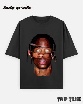 Street Style 'Travis Scott Sliced Portrait' Black Unisex 240 GSM 100% Cotton Half Sleeve Graphic Oversize Tee HG x Trip Tribe - Front